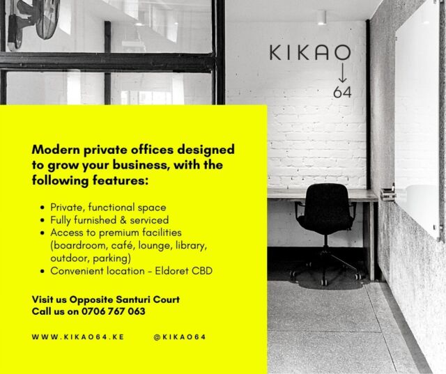 Kikao64 offers fully furnished and serviced private offices with access to premium amenities. We support your team and help you focus on growing your business.
Contact us for a functional space with flexible options tailored for you. 
#Kikao64 #PrivateOffice #Madeforbusiness #Eldoret