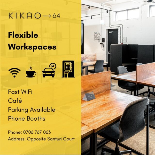 Sign up for a workspace with all the amenities you need to make the most out of your workday: reliable internet, an in-house cafe, parking at the premise, phone booths, and so much more. 
#Kikao64 #Workspace