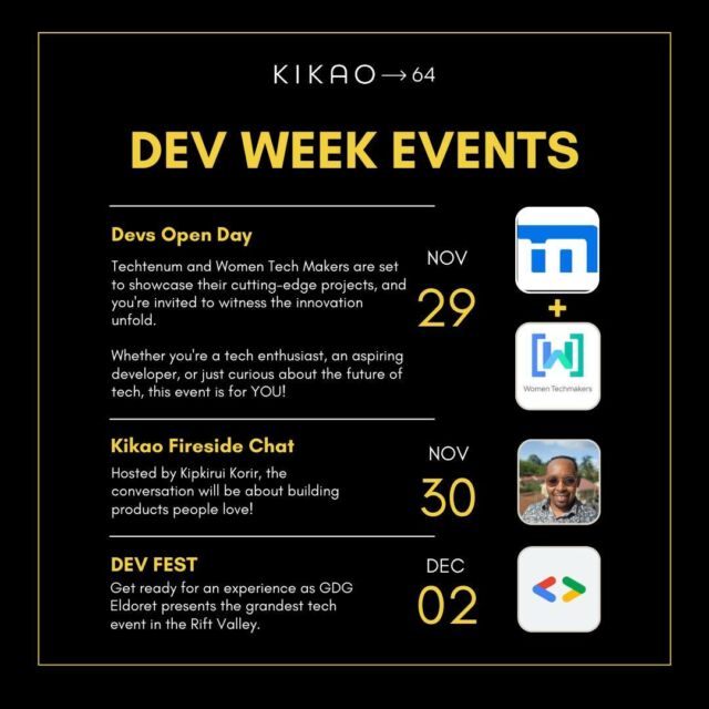 Excitement is in the air! Dev Week kicks off this week at Kikao64, bringing a lineup of events and learning opportunities. 💡 Check out the poster for a sneak peek into a week filled with innovation, collaboration, and endless possibilities! 🎉 #Kikao64DevWeek  #GetReadyToLearn