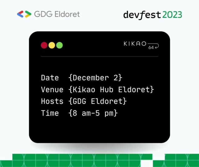 Calling all tech enthusiasts in Eldoret!  We're excited to be the hub for #DevFest23, bringing together amazing devs for a day of learning, sharing, and coding brilliance! Ready to elevate your tech game?  #DevFestRiftValley #DevFestEldoret #Kikao64