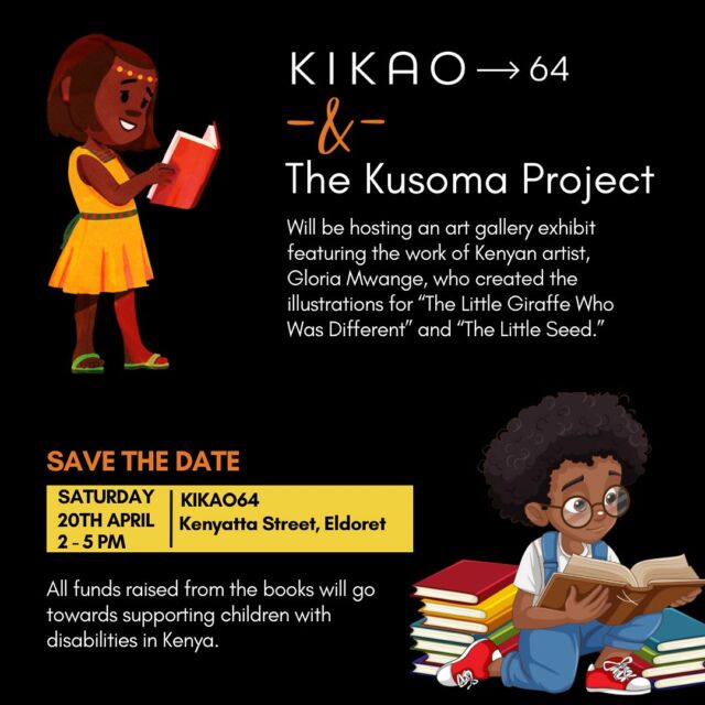 Join us at Kikao64 for a celebration of diversity and creativity! 🎨 We’re honored to showcase Gloria Mwange’s stunning illustrations from ‘The Little Giraffe Who Was Different’ and ‘The Little Seed,’ part of the Kusoma Project. 📚 All proceeds support children with disabilities in Kenya, spearheaded by the dedicated team of Dr. Eren Oyungu and Dr. Megan McHenry. Let’s make a difference together! #KusomaProject #ArtForACause