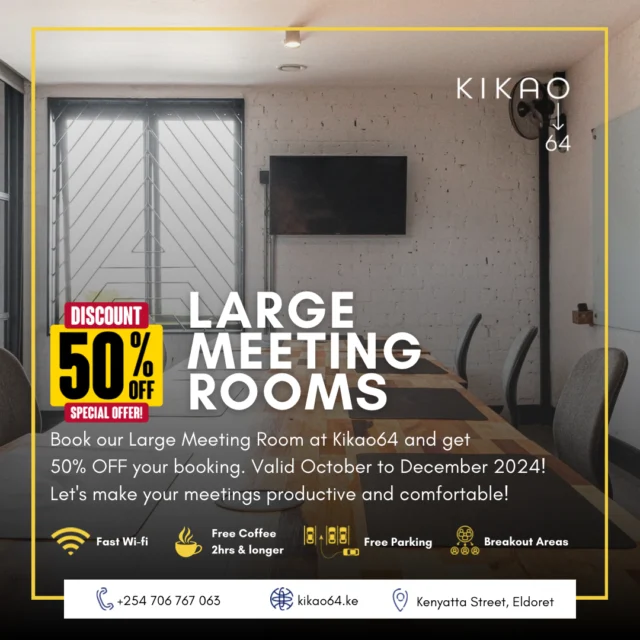 📢 Special Offer Alert! 🎉
Book our Large Meeting Room at an incredible 50% OFF! Now just KSh 750/- per hour from October to December 2024.
Don’t miss out on this fantastic deal—secure your space today! 💼☕ #MeetingRoom #SpecialOffer #EldoretCBD