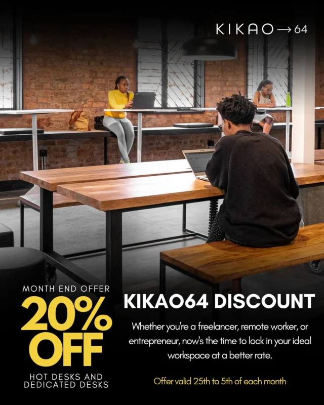Work smart, save big at Kikao64!
Get 20% off Hot Desk and Dedicated Desk bookings, only when you book between the 25th and 5th.
Find us on Kenyatta Street, Eldoret. Your perfect workspace is waiting!