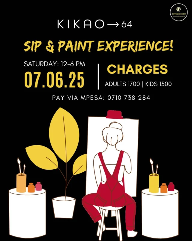 Sip & Paint at Kikao64!
Join us for a fun-filled afternoon of creativity and colour from noon on Saturday, 7th June. Whether you're a beginner or a budding artist, it's the perfect way to unwind, sip, and express yourself!
Charges: Adults – Ksh 1,700, Kids – Ksh 1,400
All painting supplies provided

Pay via Mpesa: 0710738284 (Fred) Limited slots — book early!

#Kikao64 #SipAndPaint #ArtExperience #FamilyFun #CreativeSaturdays