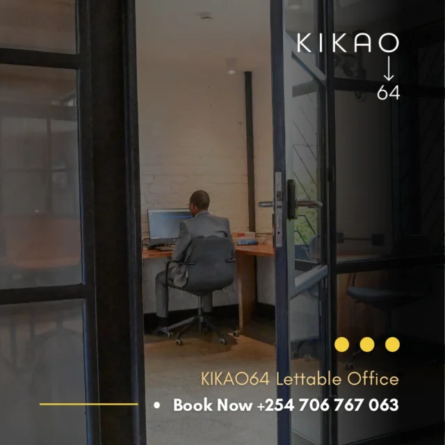Your business deserves a real address.

Running things from home works, until it doesn't. When you're ready for a proper space, Kikao64's private offices are ready for you.

What you get:
✅Your own private office
✅Fast, reliable WiFi
✅Ample parking
✅Access to shared lounges and meeting rooms
✅ A real Eldoret business address
✅ Secure, managed environment
✅A community of professionals around you

Professional. Affordable. Yours.

📍 Kikao64, Eldoret. Give us a call today. Spaces are limited.

#Kikao64 #OfficeSpace #EldoretBusiness #CoworkingEldoret